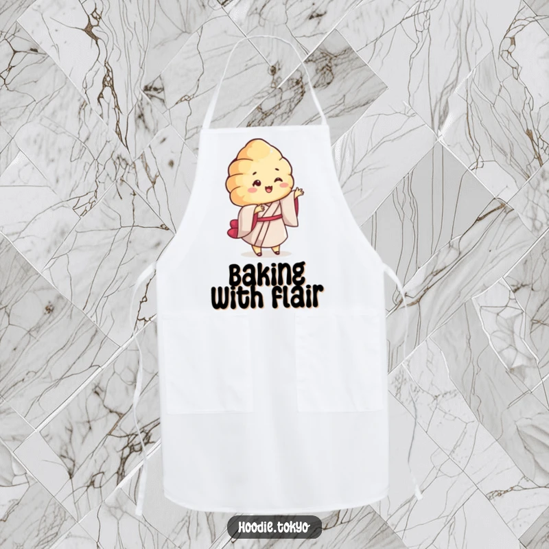 Funny Croissant Kimono Apron: A functional apron with a smiling croissant character in a kimono twirling playfully, perfect for kitchen adventures.