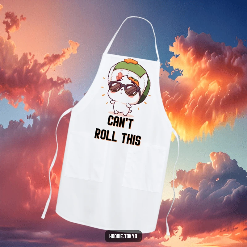 Funny apron with a character wearing cool sunglasses, surprised by a giant sushi roll, blending kitchen practicality with humorous foodie appreciation.