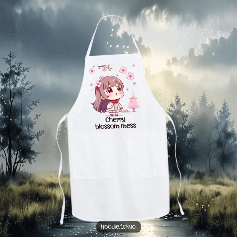 Funny surprised Tokyo character apron, a whimsical design showing reaction to floating cherry blossoms.