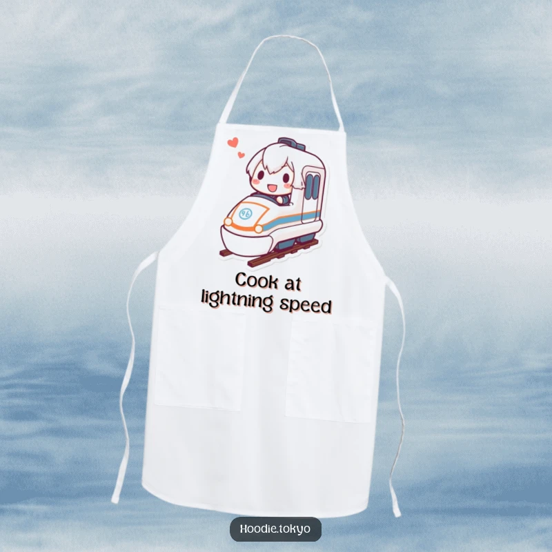 Funny bullet train apron showing a determined character joyfully riding a miniature bullet train, perfect for kitchen adventures.