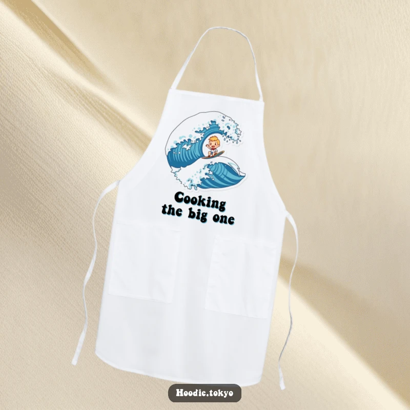 Funny apron showing a character joyfully surfing a big, stylized wave, adding humor to kitchen tasks.