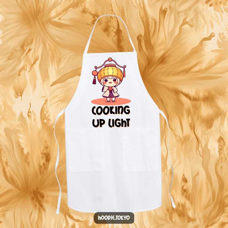 Funny Kawaii Apron: Cute character wearing a giant festive lantern, beaming brightly, ready for kitchen joy.