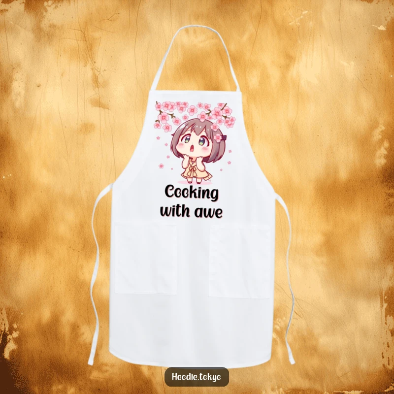 Funny surprised Tokyo character looking up at floating cherry blossoms, culinary apron, anime kitchen accessory.