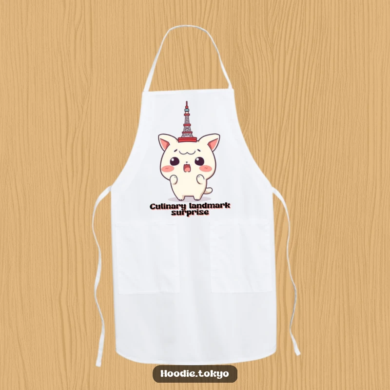 Funny Tokyo Tower Apron: Character looking comically surprised with a tiny Tokyo Tower on its head, designed for fun and protected cooking.