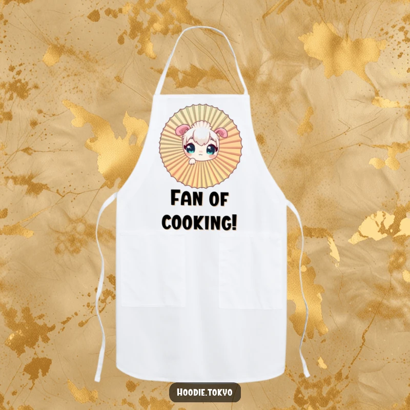 Funny curious character apron, playfully peeking through a large fan.