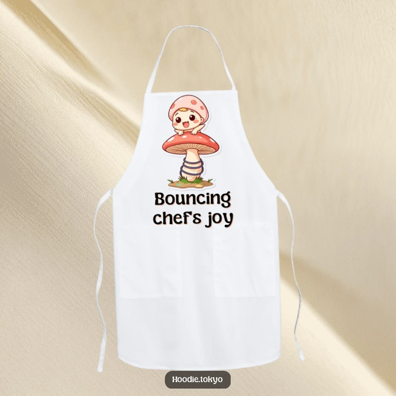 Funny apron showing a character with a big grin bouncing on a large, springy mushroom, adding humor to cooking.