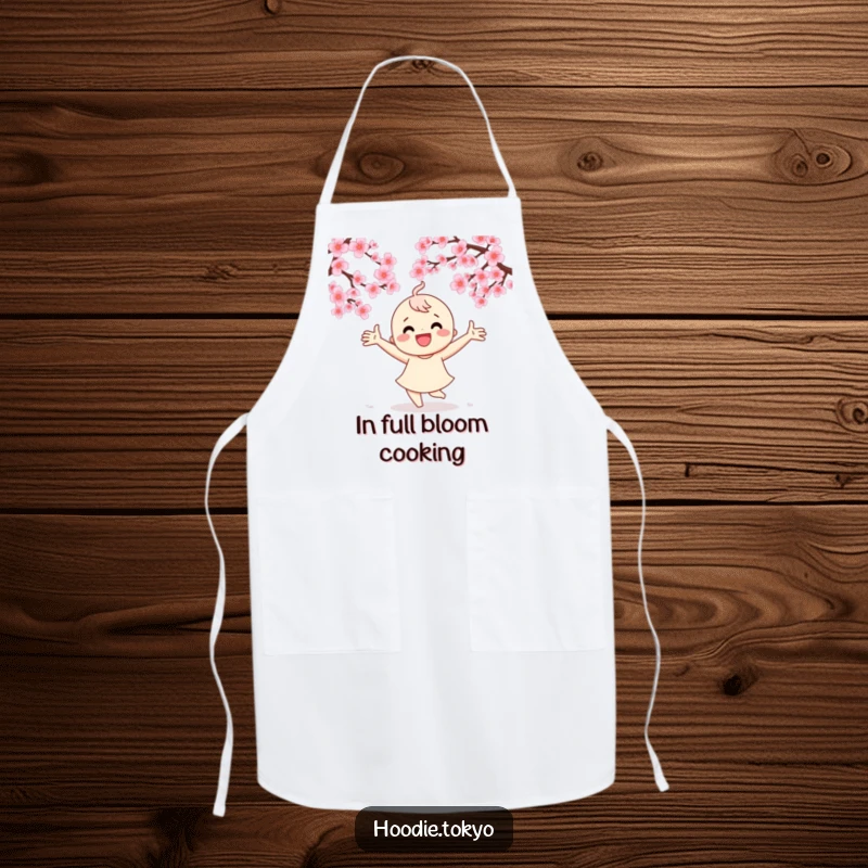 Funny apron depicting a character joyfully dancing under a shower of cherry blossoms, ideal for kitchen fun.