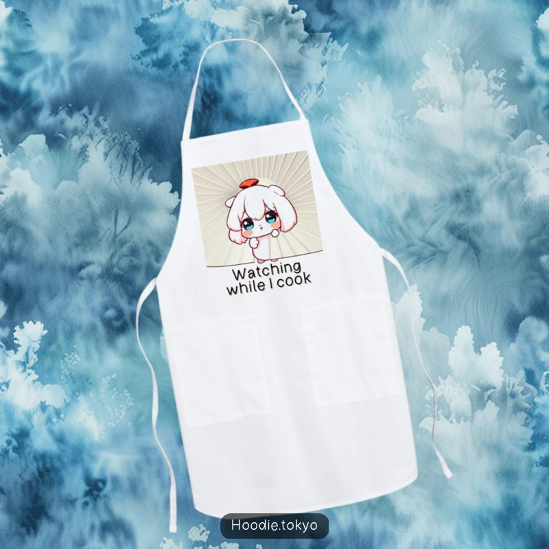 Funny curious character peering through a giant fan, kitchen apron with a mysterious and humorous theme.