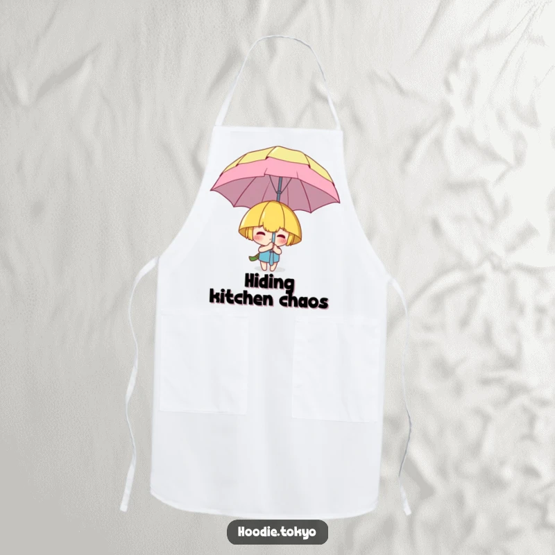 Funny apron showing a character playfully hiding behind a large, cartoonish umbrella, adding humor to cooking.