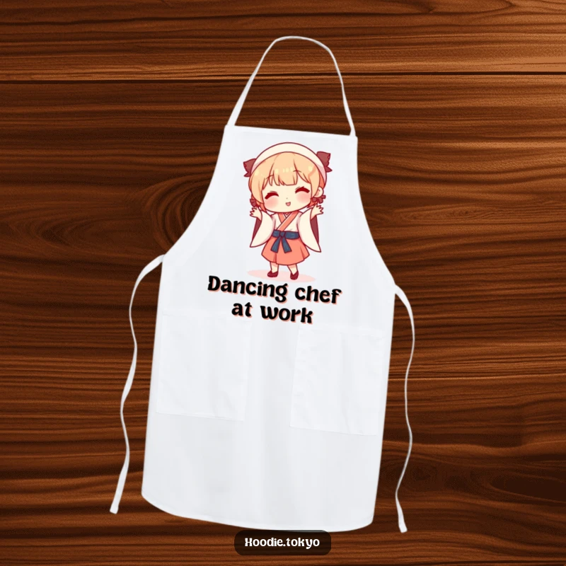 Funny playful character in traditional Japanese outfit doing a silly dance, kitchen apron with a humorous theme.