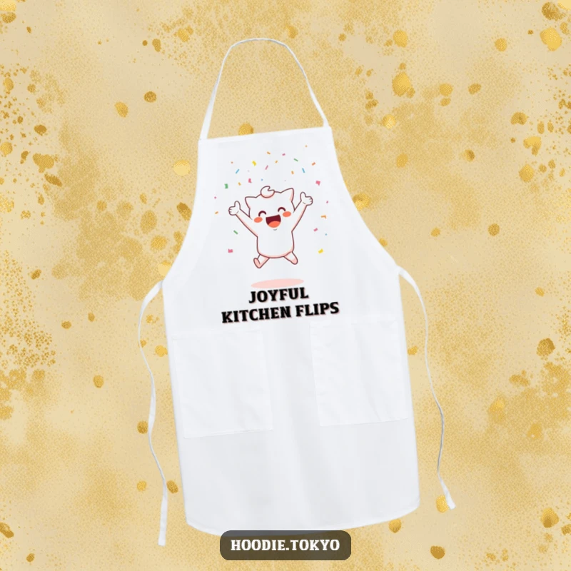 Funny joyful kawaii apron with a cute character jumping with confetti, ideal funny gift.