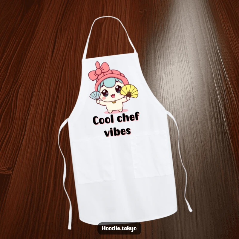 Funny kawaii character apron showing wide eyes and enthusiastic fan waving, perfect for kitchen comfort and style.