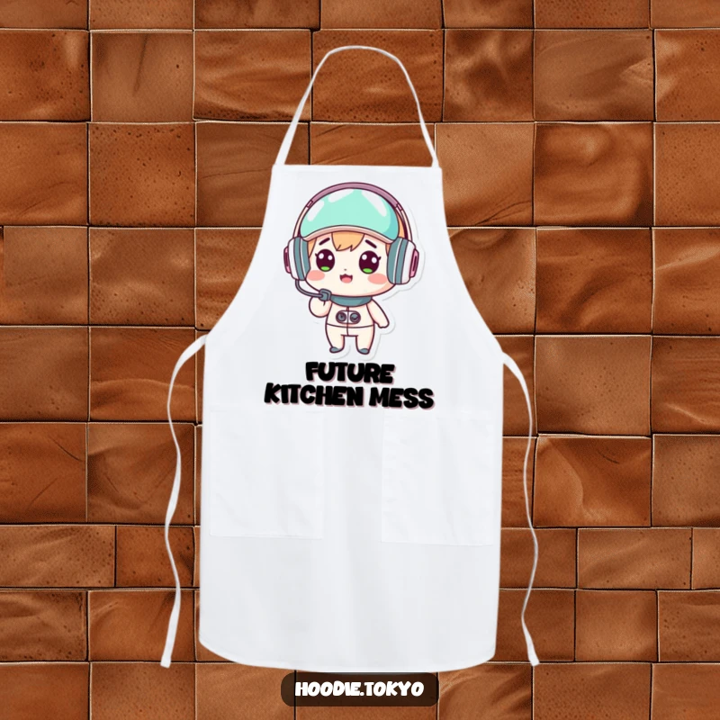 Funny kawaii character apron, surprised expression, wearing a futuristic headset, humorous kitchen wear, cute cooking accessory.