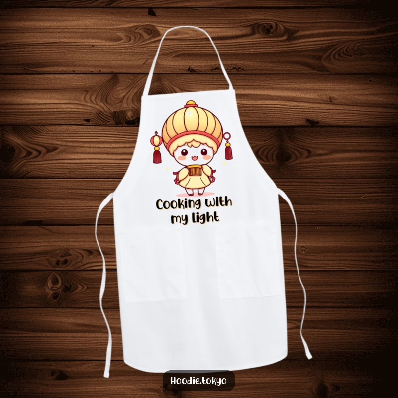 Funny kawaii character wearing a giant festive lantern, beaming brightly, cooking apron design, kitchen humor and charm.