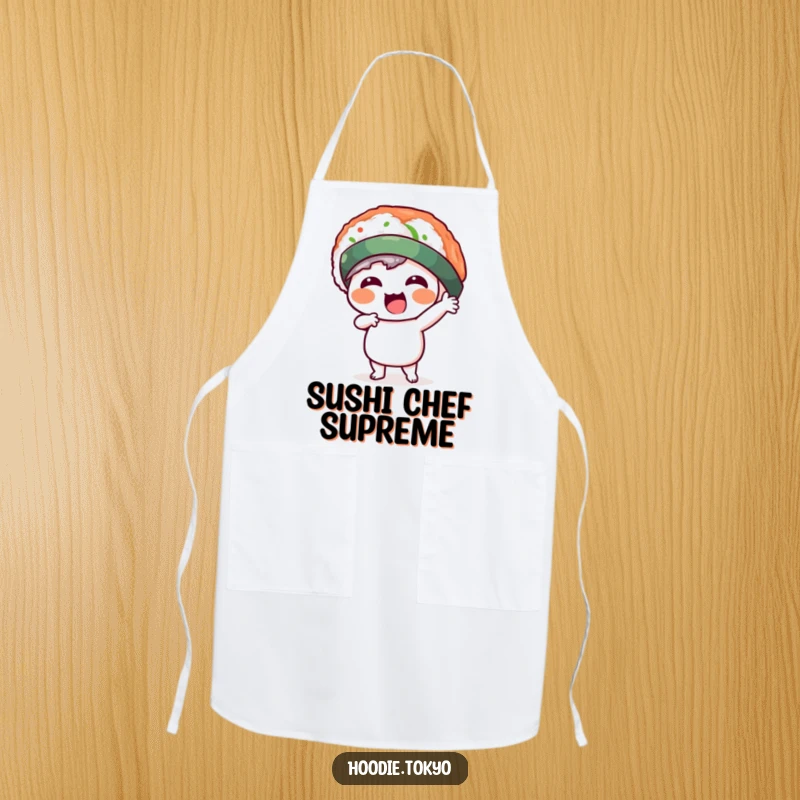 Funny kawaii character wearing a silly sushi hat, striking a dynamic pose on a kitchen apron. Perfect for humorous cooking sessions.