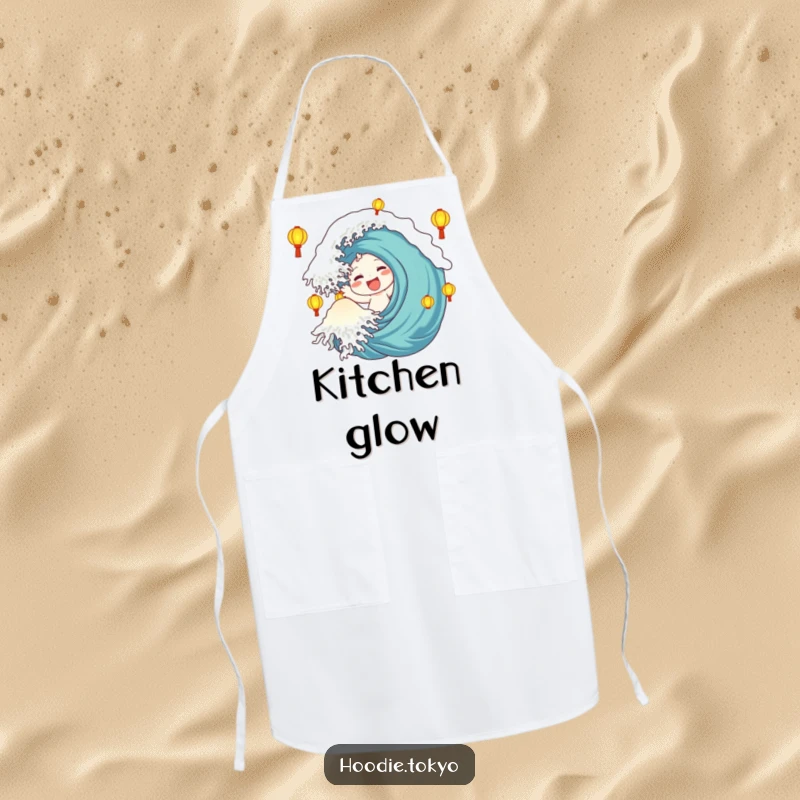 Funny Apron: Character with a happy wave is surrounded by glowing lanterns, designed for festive cooking and humor.