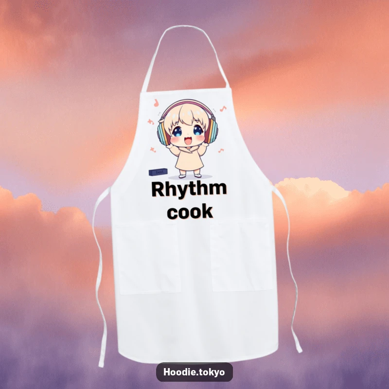 Funny Apron: Character with oversized headphones bops excitedly, designed for kitchen jams and humor.