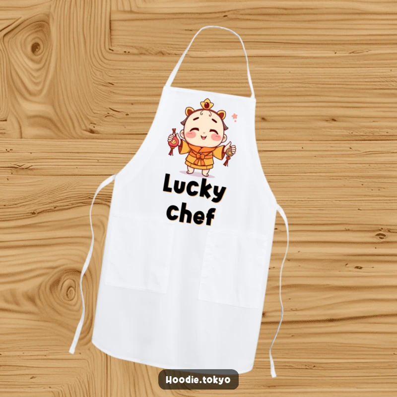 Funny kitchen apron with a playful character with a cheeky grin, juggling colorful omamori charms, ideal for lucky chefs.