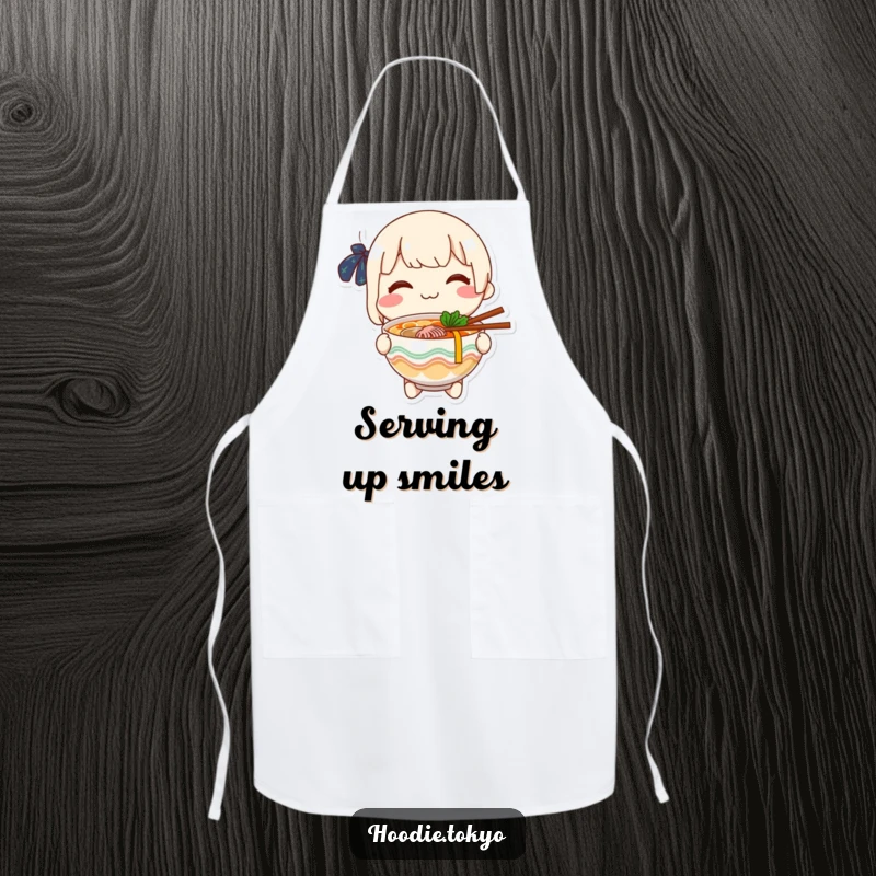 Funny cheerful character offering a steaming bowl of ramen with a smile, kitchen apron with a foodie theme.