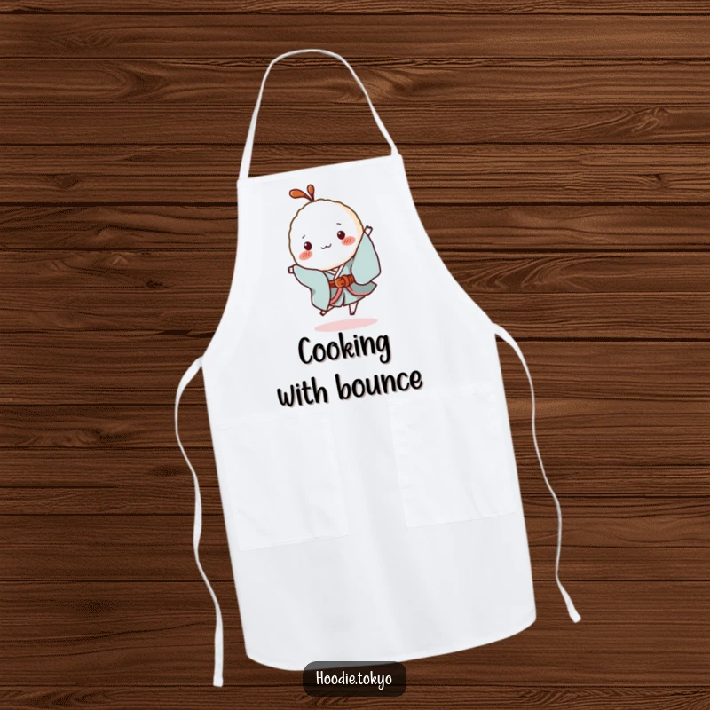 Funny Rice Ball Kimono Apron: A functional apron with a tiny rice ball character in a kimono hopping playfully, perfect for kitchen adventures.
