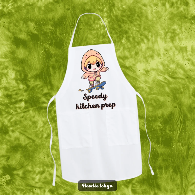 Funny kitchen apron with a character in a bright hoodie, smiling with intense focus while skateboarding, perfect for culinary adventures.