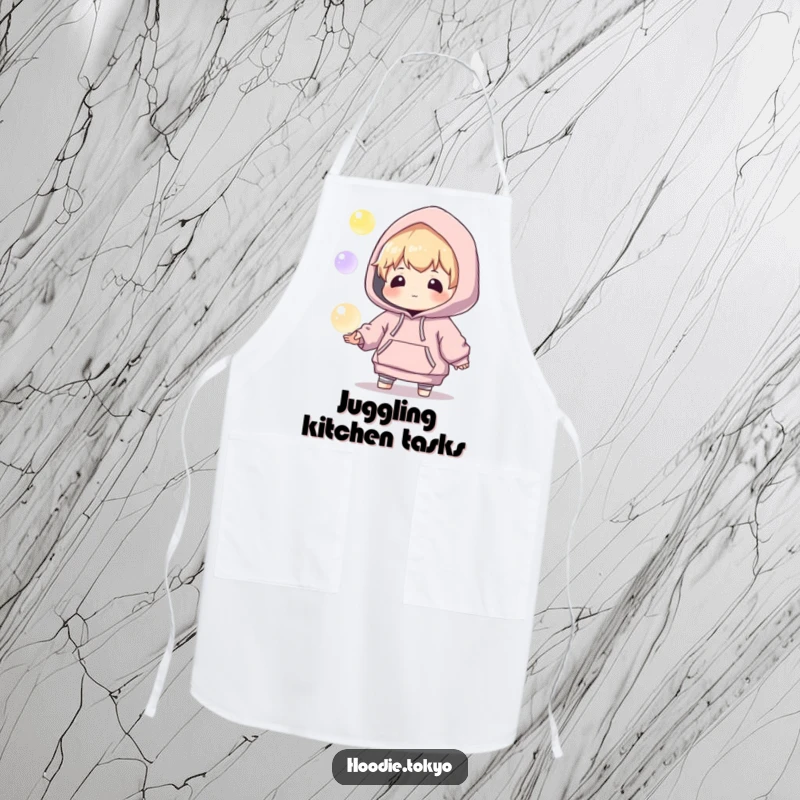 Funny kitchen apron with a playful character in an oversized hoodie, juggling glowing orbs with concentration, perfect for culinary magic.