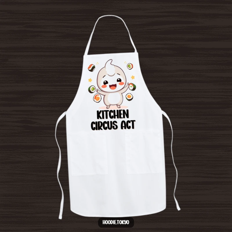 Funny sushi kawaii apron with a playful character juggling sushi, ideal funny gift.