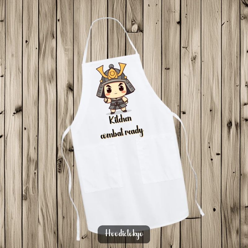 Funny Samurai Apron: Kitchen wear featuring a whimsical character in a samurai helmet striking a funny, ready-to-cook pose.