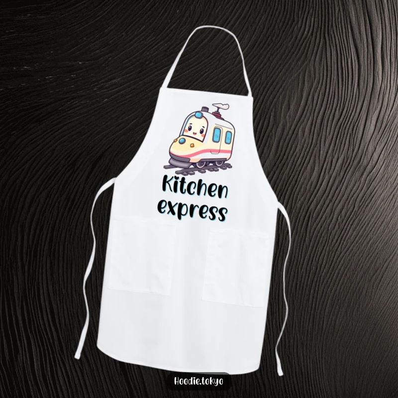 Funny apron featuring a happy character playfully bouncing on a miniature bullet train, combining kitchen practicality with a sense of speedy motion.