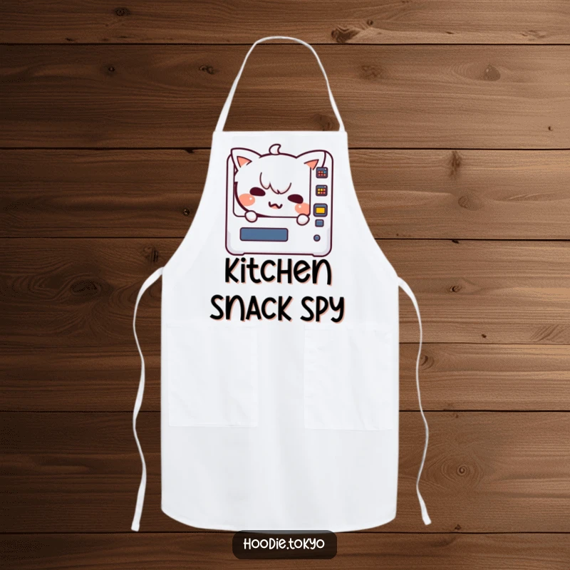 Funny Kawaii character with a mischievous grin peeking from a vending machine on a kitchen apron, bringing playful humor to cooking.
