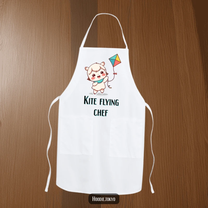 Funny kawaii character apron showing a cute character giggling while holding a colorful kite, perfect for kitchen playfulness.