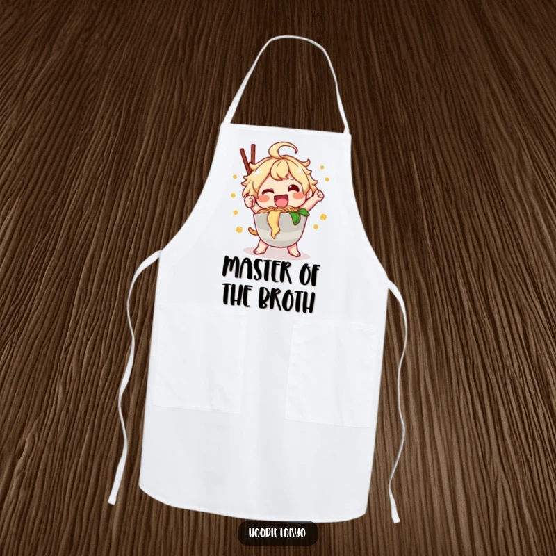 Funny ramen kawaii apron with a happy character posing with ramen, ideal funny gift.