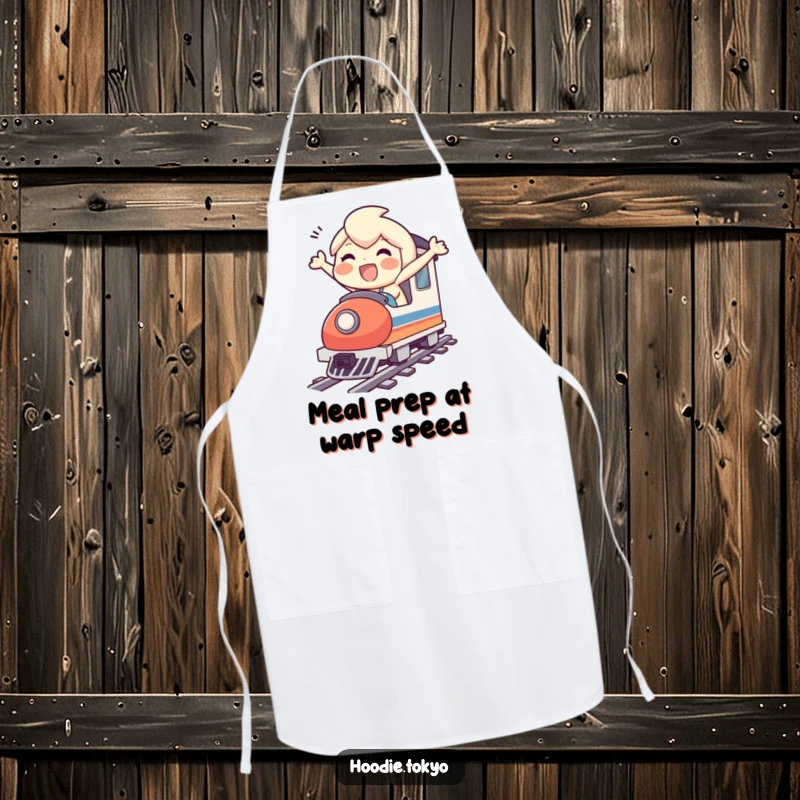 Funny apron depicting a character's joyous dash on a tiny bullet train, ideal for adding humor to culinary tasks.