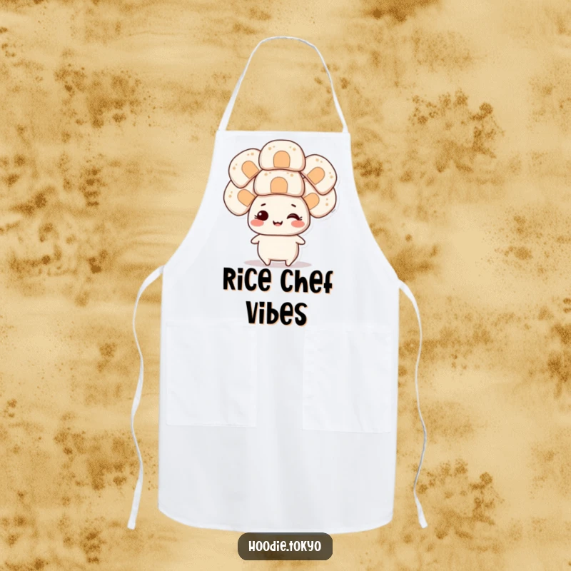 Funny smiling character balancing several oversized onigiri on its head, a humorous and practical apron for cooks.