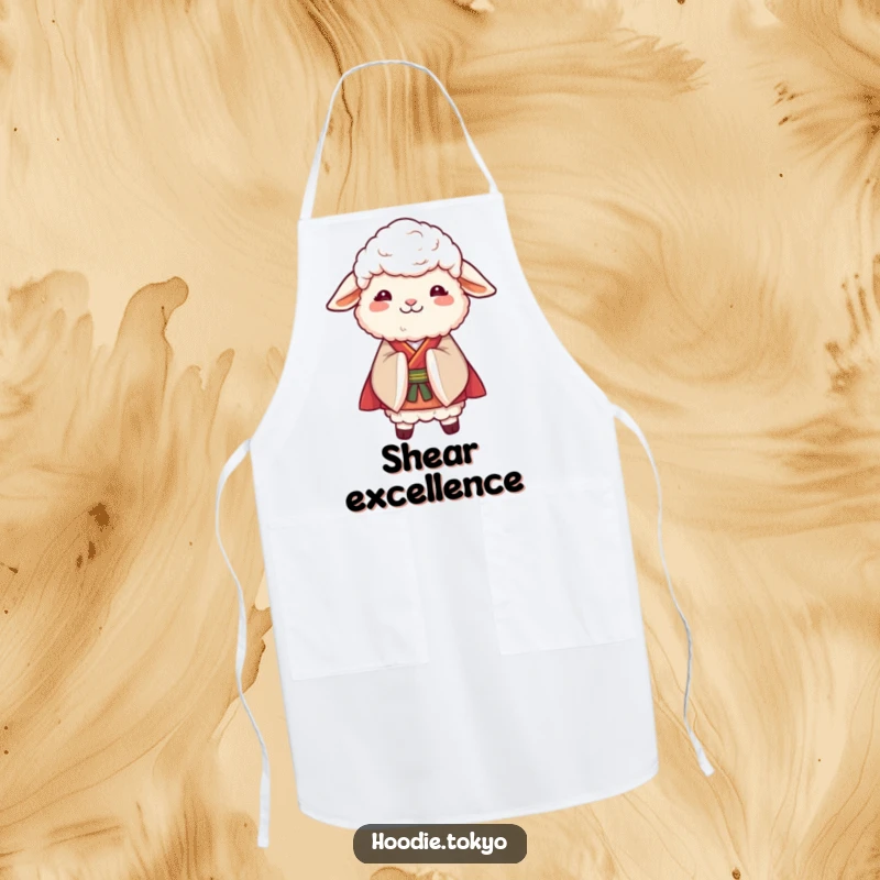 Funny Sheep Kimono Apron: A functional apron featuring a fluffy sheep in a kimono bowing politely, perfect for kitchen duties.