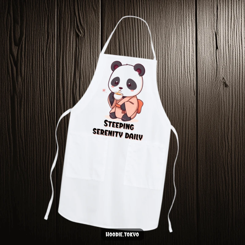 Funny kitchen apron with a round panda wearing a kimono, holding a teacup, ready to add humor to culinary adventures.
