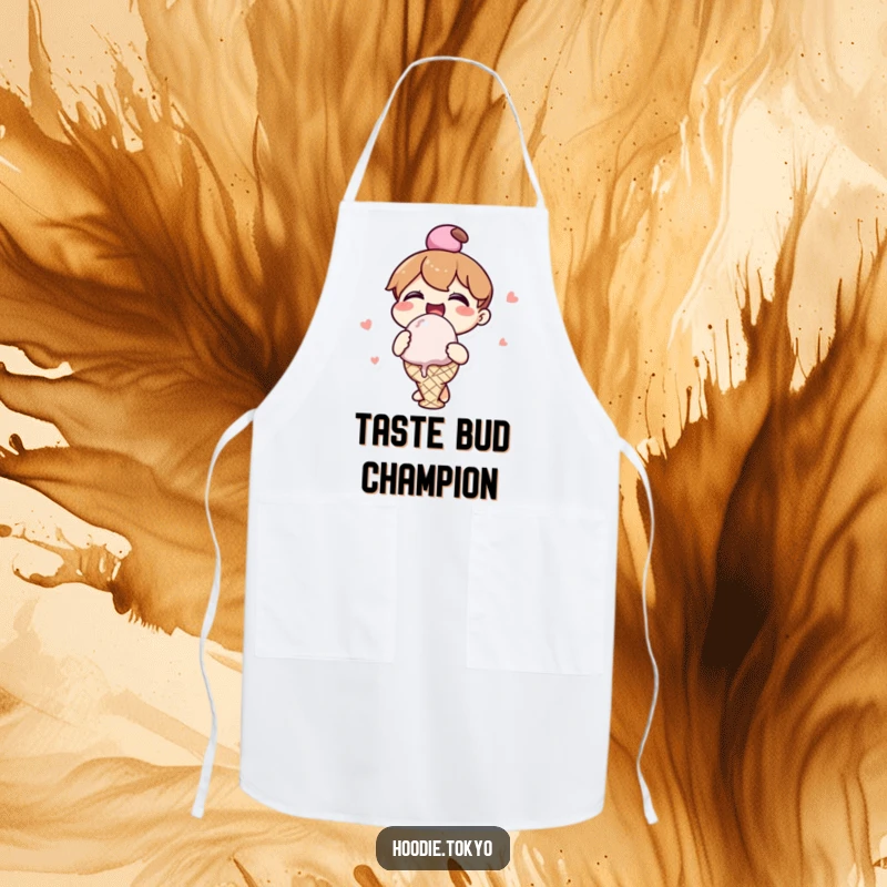 Funny kawaii character apron showing a cheerful figure happily eating a giant ice cream scoop, designed for kitchen fun.
