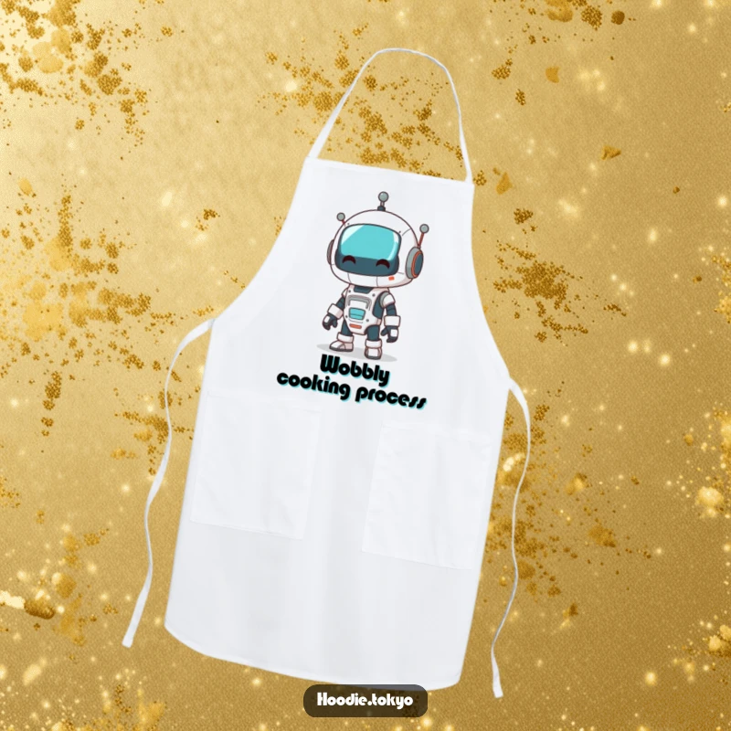 Funny robot chef apron showing a character dressed as a robot doing a comical wobble, perfect for kitchen adventures.