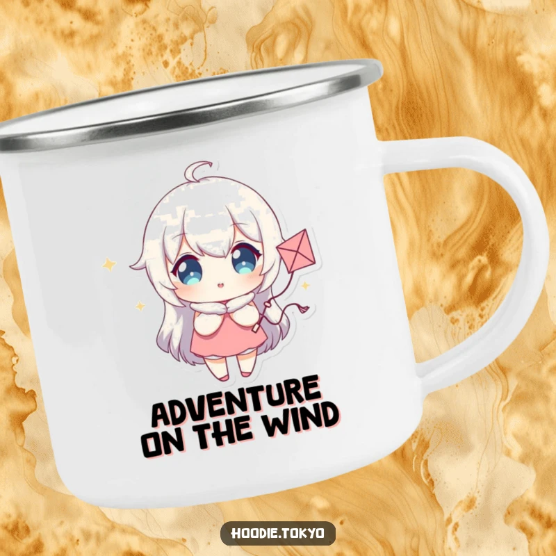 Funny Camping Mug featuring a Character with Sparkling Eyes Holding a Tiny Whimsical Kite, Ideal for Outdoor Adventures