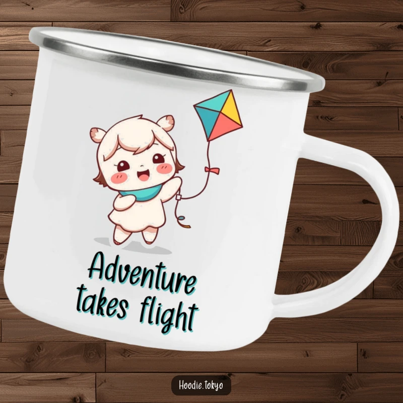 Funny kawaii character camping mug featuring a cute character giggling while holding a colorful kite, ideal for outdoor enjoyment.