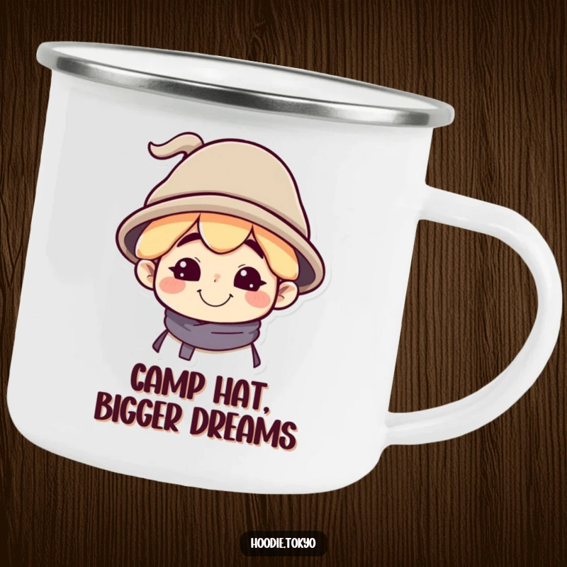 Funny Camping Mug featuring a Character with a Silly Grin and a Tilted Oversized Hat, Perfect for Outdoor Fun