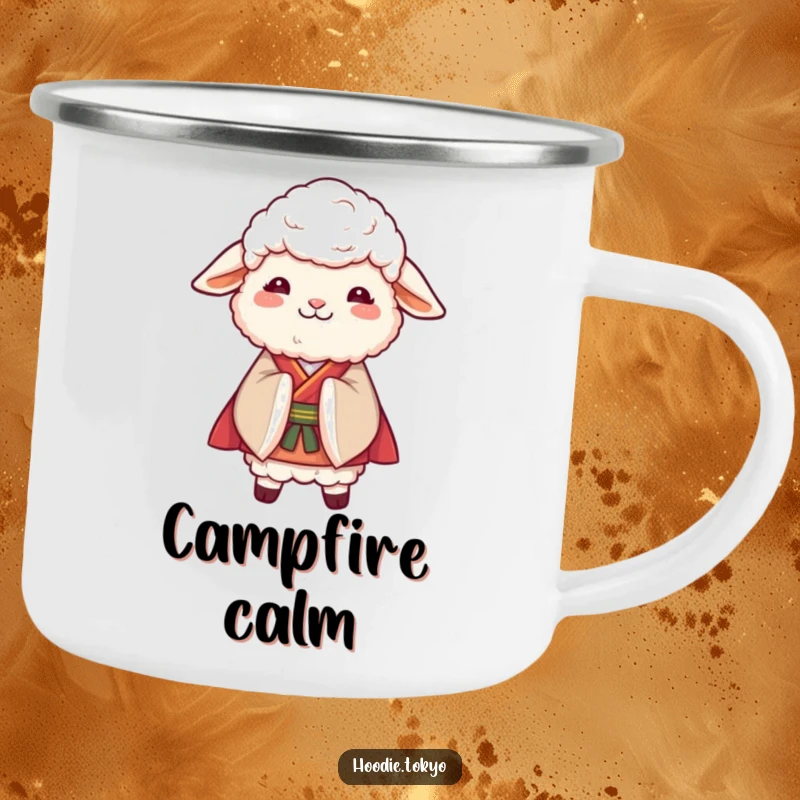 Funny Sheep Kimono Camping Mug: A durable mug with a fluffy sheep in a kimono bowing gracefully, perfect for outdoor enjoyment.