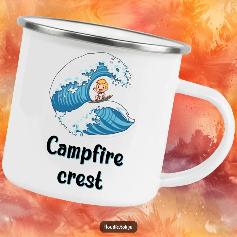 Funny gorilla camping mug with a winking face and a hand raised in a friendly wave, perfect for outdoor cheers.