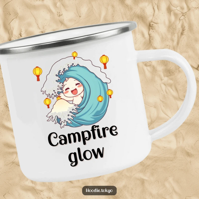 Funny Camping Mug: Character with a happy wave is surrounded by glowing lanterns, perfect for outdoor ambiance and humor.