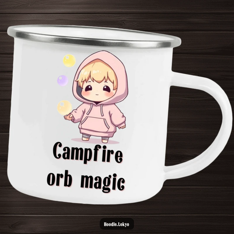 Funny enamel camping mug with a playful character in an oversized hoodie, juggling glowing orbs, perfect for outdoor magic.
