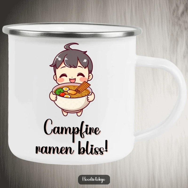 Funny cheerful ramen character camping mug, smiling and offering a bowl of ramen.