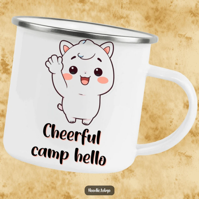 Funny Kawaii character with a big smile giving a cheerful wave on a sturdy camping mug, offering happy humor outdoors.