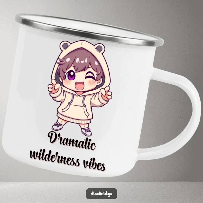 Funny camping mug with a cute character in a fashionable hoodie, striking a dramatic and excited pose.
