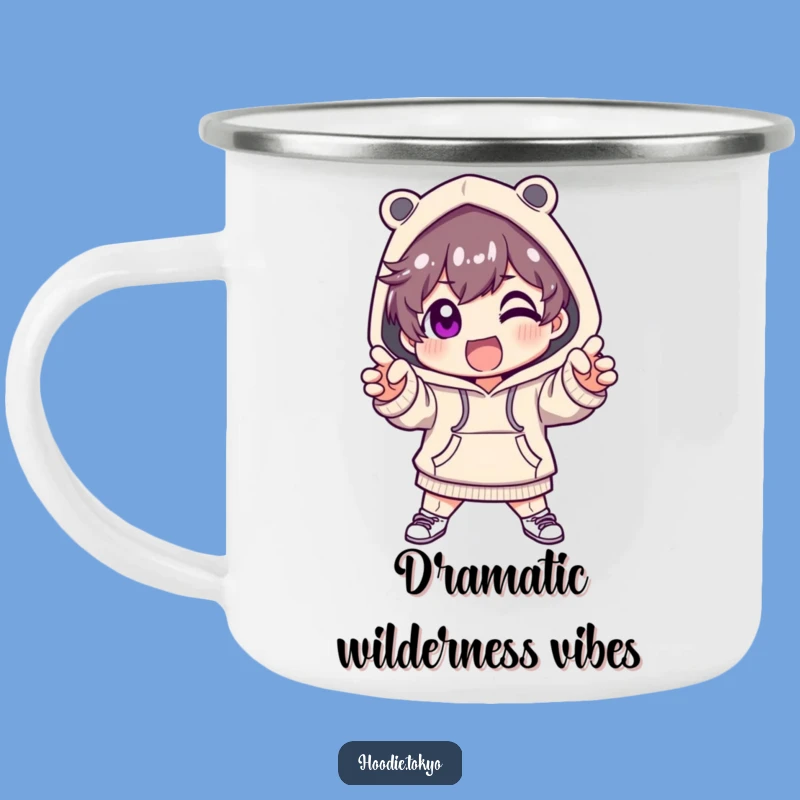 Funny Fashion Hoodie Character Camping Mug: Dramatic Sips, Hilarious Adventure