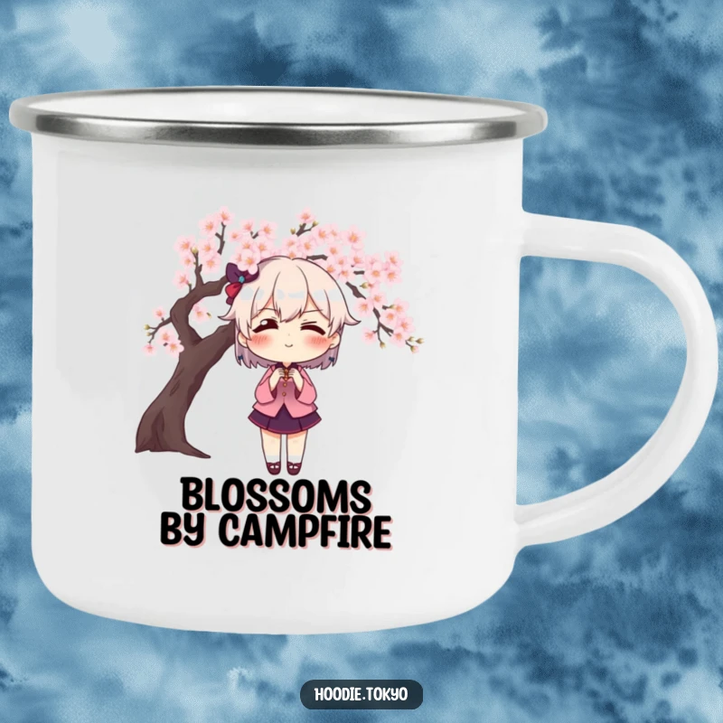 Funny character with exaggerated blush posing dramatically in front of a cherry blossom tree, perfect for a humorous camping mug.